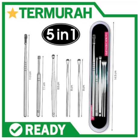 Alat pembersih kotoran telinga set korek kuping stainless anti karat 5 in 1