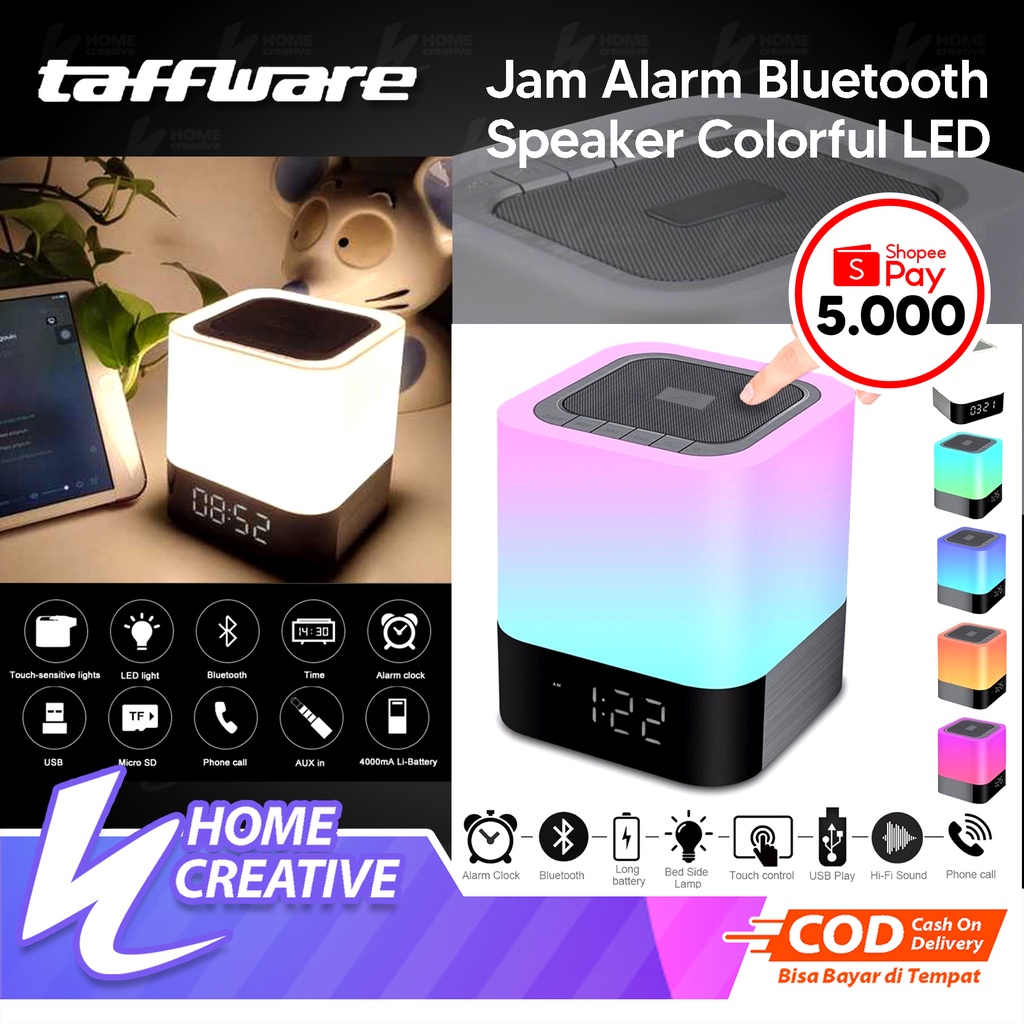 Taffware Jam Alarm Bluetooth Speaker Colorful LED Light Multifungsi