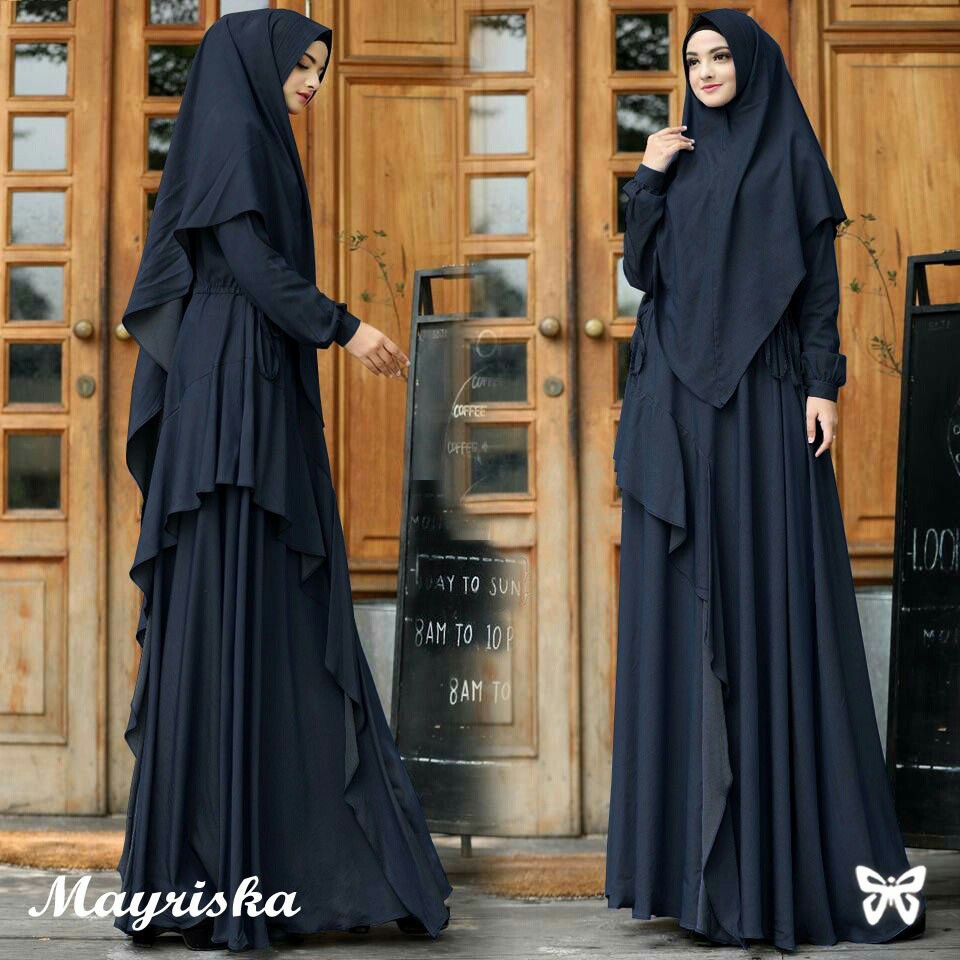 HOPYLOVY - Gamis Syari Muslim Mayrsika + Bergo bahan Denim