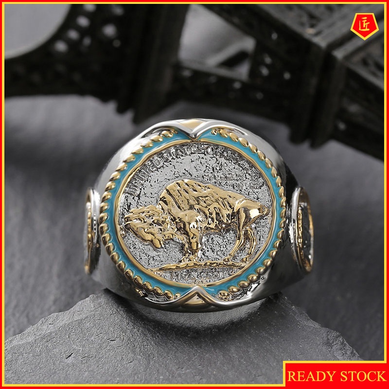 [Ready Stock]Retro Personality Commemorative Coin Two-Tone Ring for Men