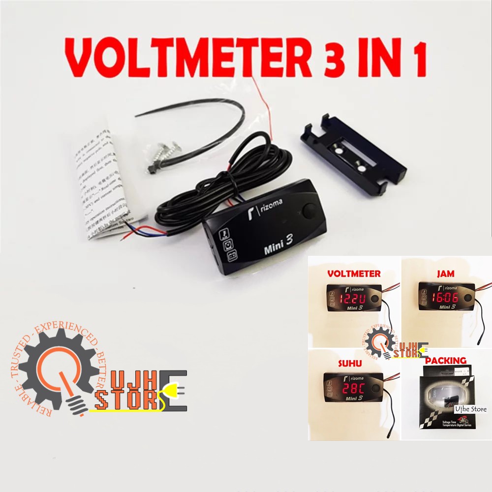 VOLTMETER 3 IN 1 DC 12V 24V DIGITAL JAM SUHU VOLT METER VOLTAGE RIZOMA MINI3 MERAH WATERPROOF