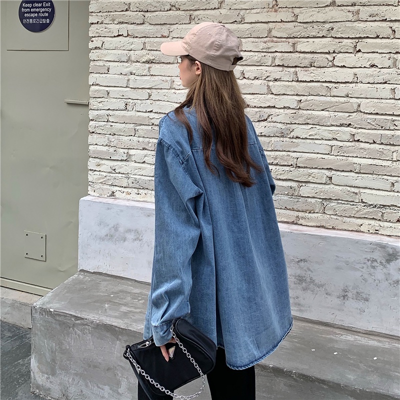 Kemeja Denim Wanita Shirt Lengan Panjang Korean Style Oversize Atasan Jaket