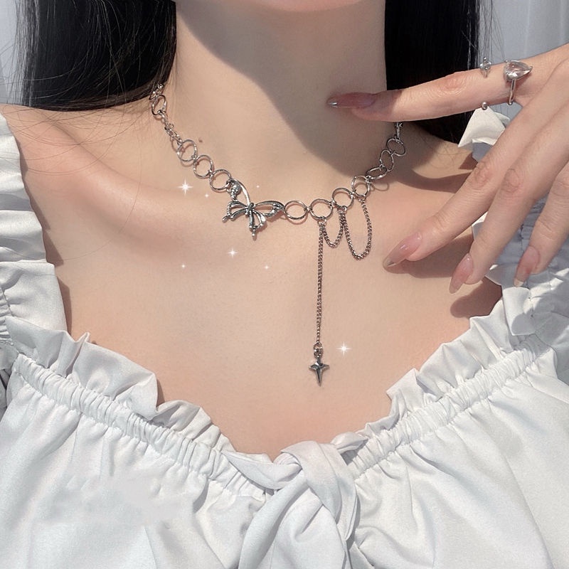 IFYOU Kalung Choker Desain Hati Butterfly Warna Silver Gaya Korea Untuk Wanita