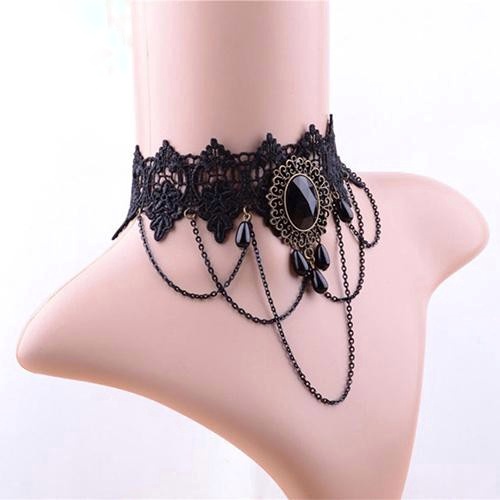 Kalung Wanita Choker Bentuk Rantai Renda Warna Hitam BLANs-1