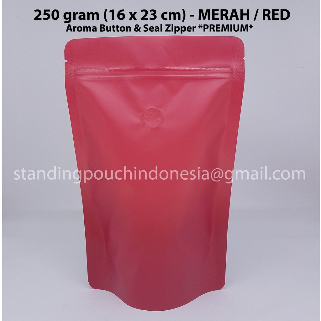 

Kemasan Kopi Standing Pouch 250g (50PCS) (VALVE + ZIPPER) MERAH RED *PREMIUM