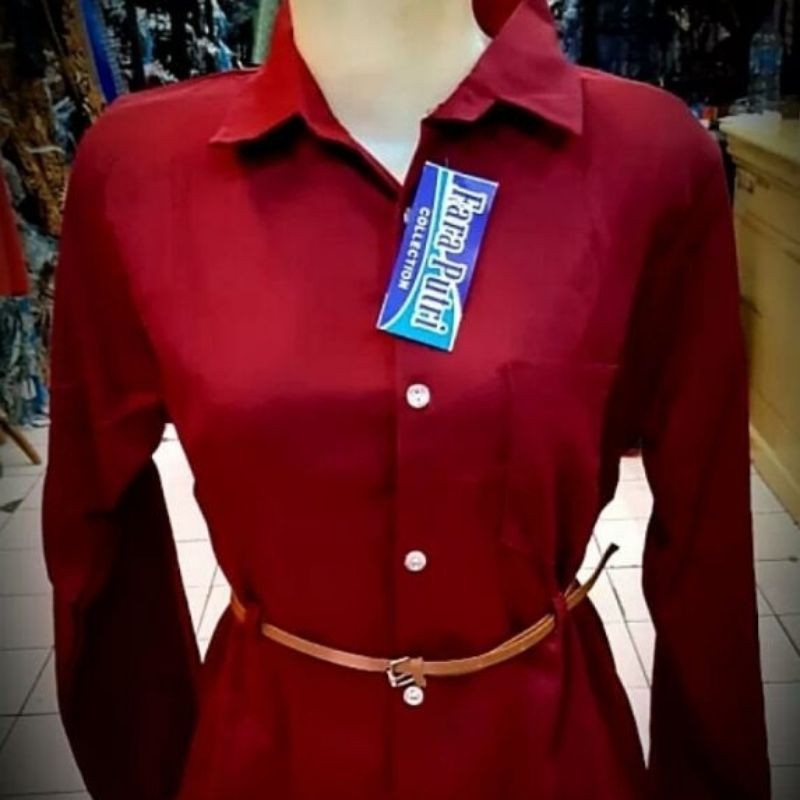 Kemeja Wanita Atasan Blouse Casual Polos Lengan Panjang Kekinian Bahan Moscrep Free belt model Korea-Marun-015