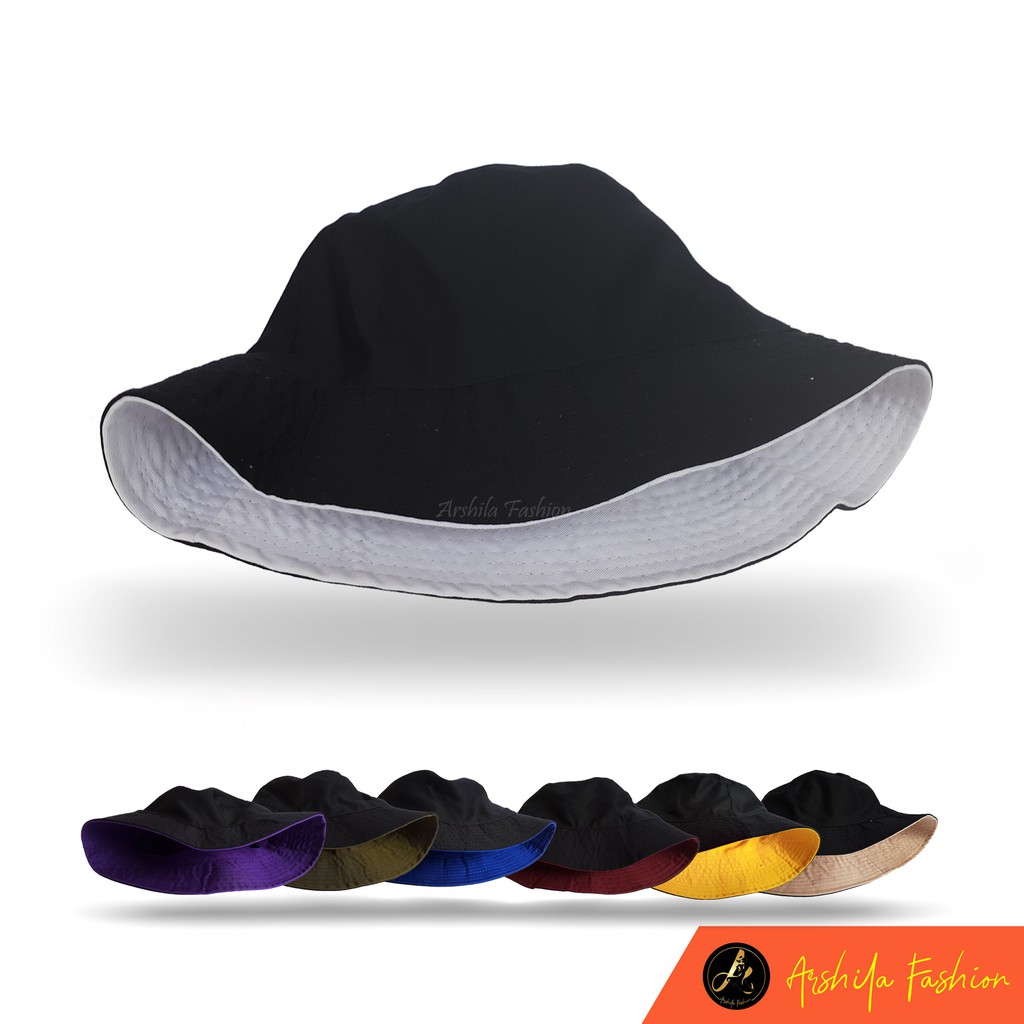 Topi Bucket Bulak Balik / Bahan Dobel Bisa Bolak-Balik-Hitam - Putih