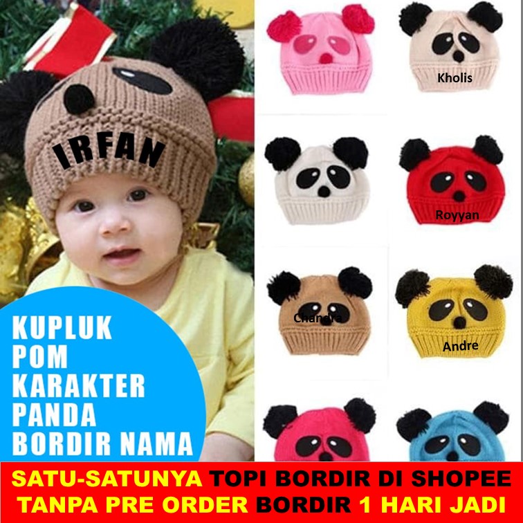 Kupluk Bayi Panda Model Pompom Bordir Nama Tulisan 1 Hari Jadi