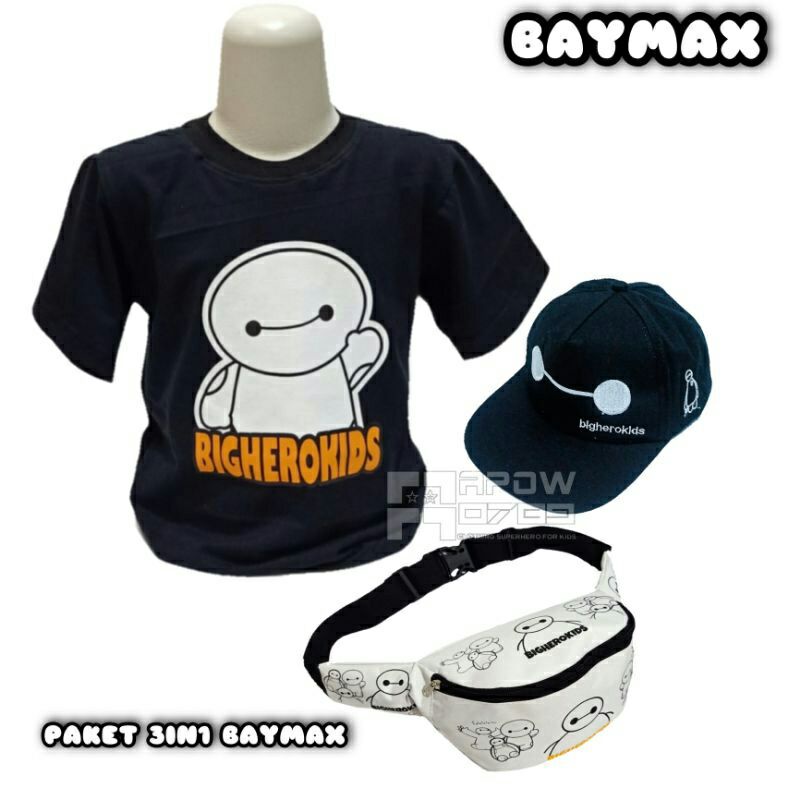 paket 3IN1 baju kaos anak topi anak  tas selempang anak baymax baju kaos anak laki laki waist bag anak