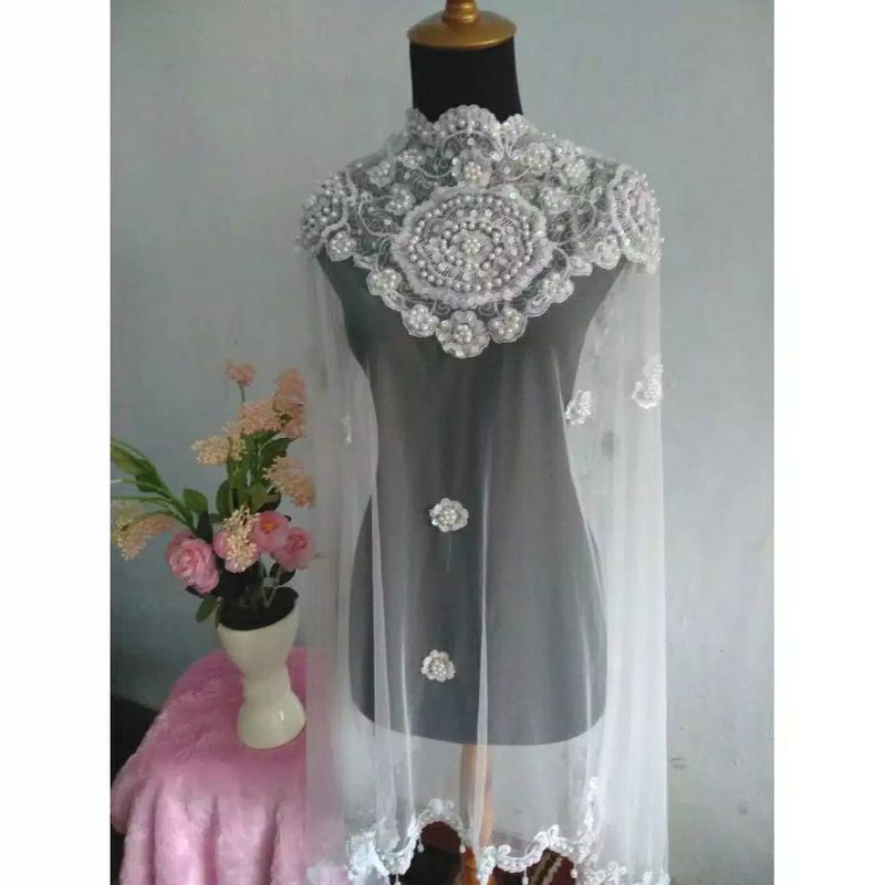 Slayer Pengantin / Hijab Pengantin / Veil Pengantin / Selendang Pengantin / Selendang Ibu Besan / Selendang Akad / Kerudung Bordir Mutiara-5