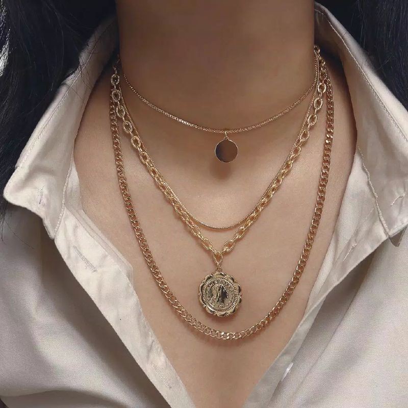 Kalung Multilayer gaya Eropa Amerika Koin Emas Ganda
