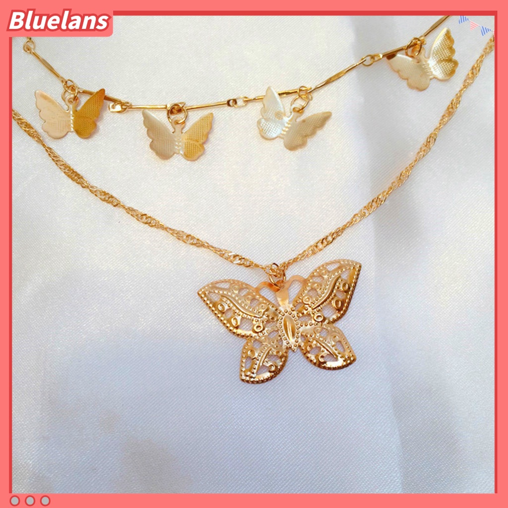 Bluelans Kalung Rantai Choker Klavikula 2 Lapis Dengan Liontin Kupu-Kupu Untuk Wanita