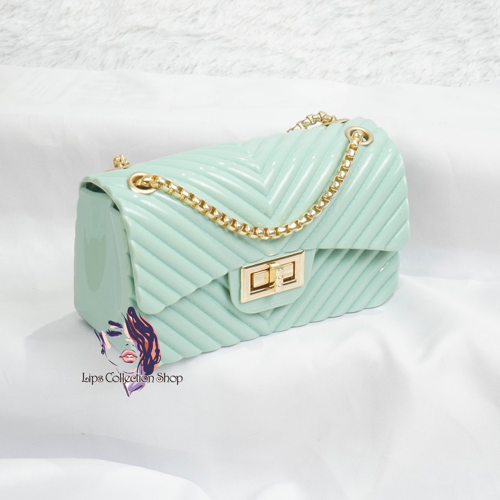 Tas Jelly Glossy Motif Salur Size 18 Cm Rantai Gold