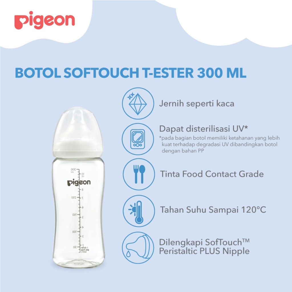 Pigeon SofTouch Peristaltic Plus PP Wide Neck Bottle T-Ester White 3m+ Bulan Botol Susu 300ml