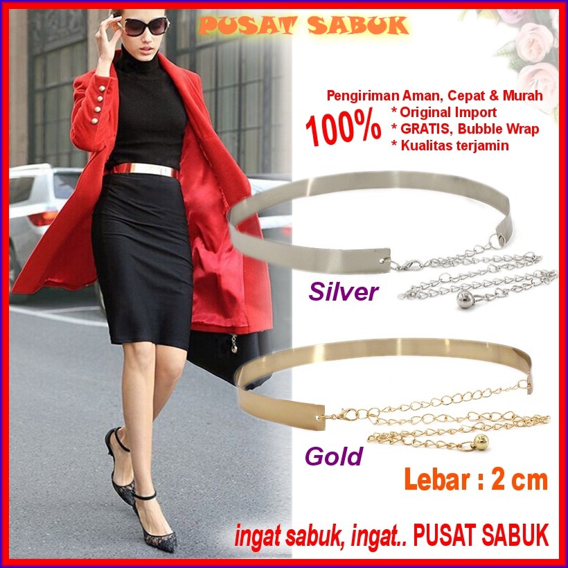 Sabuk Plat Gesper Ikat Pinggang Emas Fashion Korea Wanita Cewek Obi Belt GOLD Besi Ring Karet Rantai