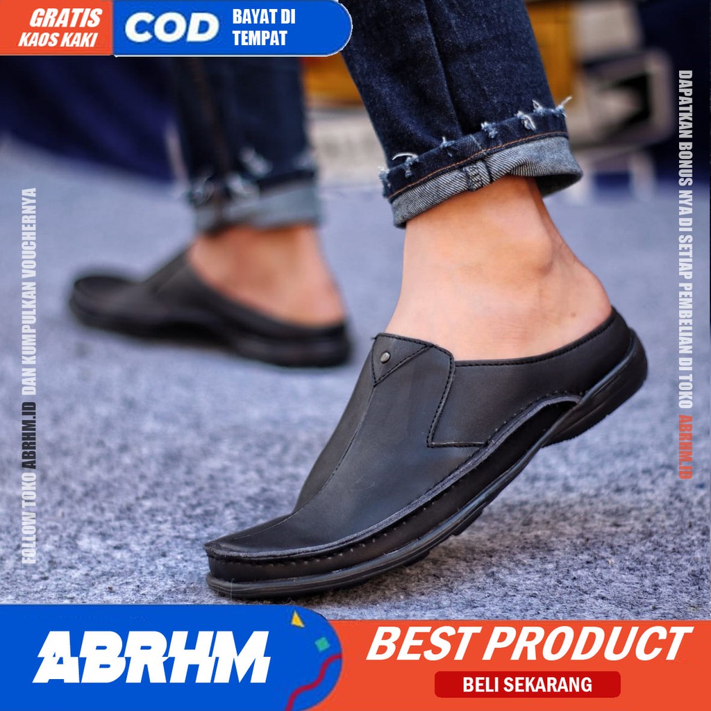 ABRHM x Sandal Slide Pria Sandal Slop Pria Kulit Asli Sendal Selop Cowok / Cowo Ori Keren Kekinian