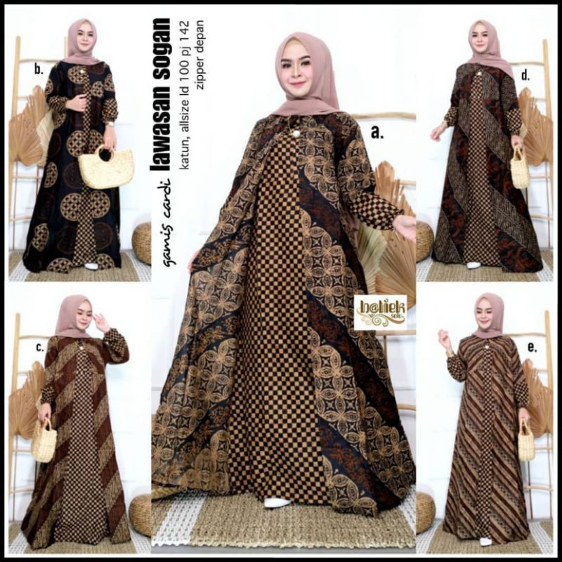 Gamis Cardi Lawasan Sogan, Gamis Batik Modern Murah BIG SIZE JUMBO LD 110cm Resleting depan Busui