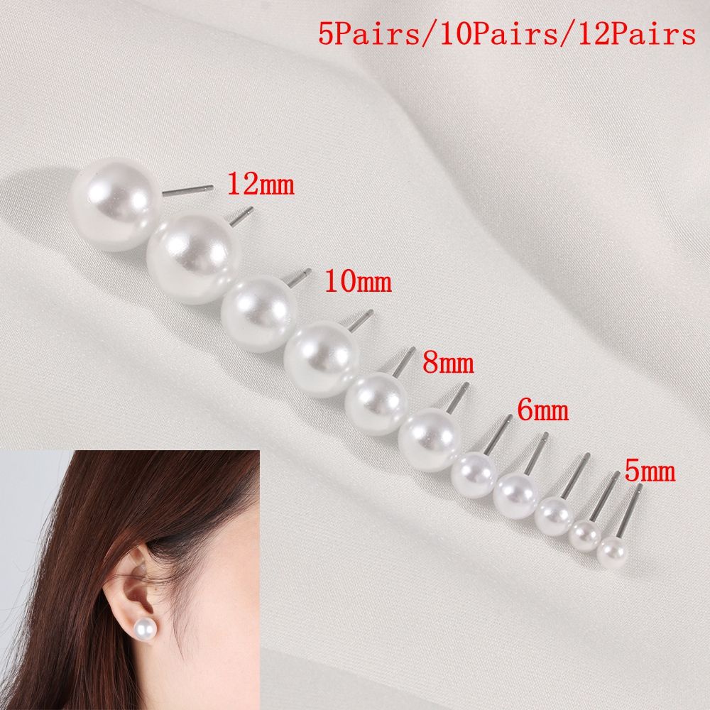 ROW 5Pairs/10Pairs/12Pairs Women Pearl Earrings Jewelry Round Shape Ear Stud Wedding Engagement Party 4mm 5mm 6mm 8mm 10mm 12mm Fashion Elegant