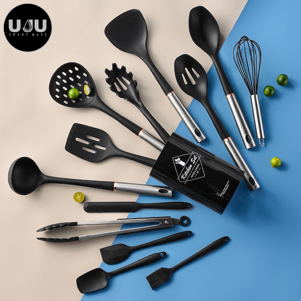 SPATULA SILIKON SET 14 PCS GAGANG STAINLESS STEEL HOLLOW NON-STICK