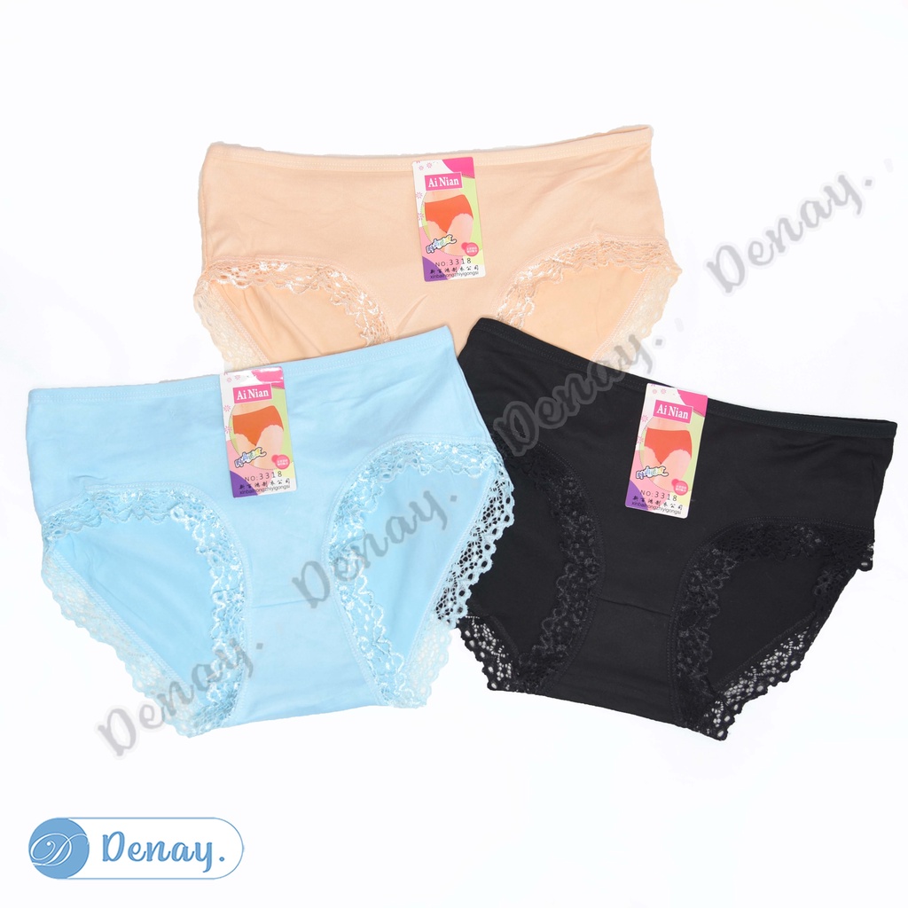 Tokodenay - Celana Dalam Wanita - CD Ainian 3318 Renda Polos - Spandex Premium Quality - Isi 12 Pcs