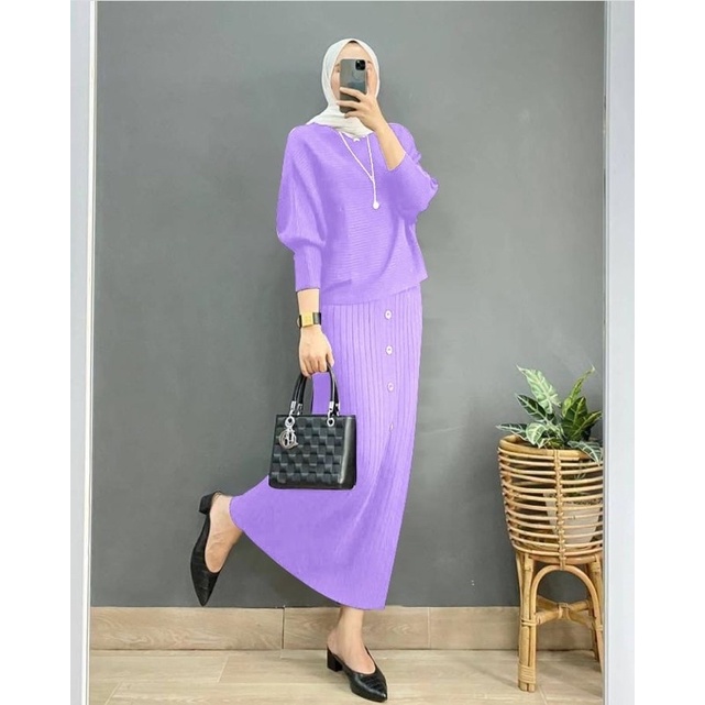 100% REAL PIC!! SET ANYA KNIT JUMBO XL-5XL ONE SET RAJUT WANITA SETELAN BLOUSE KNIT MUSLIM 13 WARNA-LILAC
