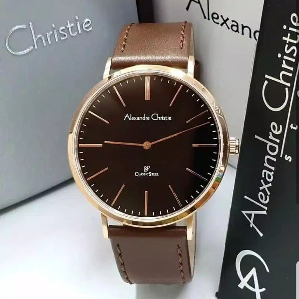 AC alexandre Christie 8490  jam tangan pria original  tali kulit coklat rose gold plat hitam