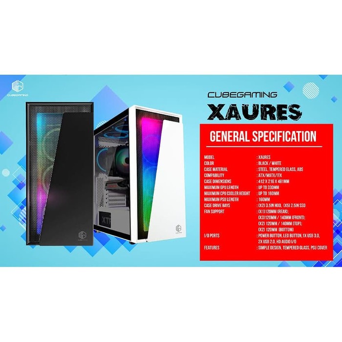 CUBE GAMING XAURES WHITE - ATX - LEFT SIDE TEMPERED GLASS - PSU COVER - RGB FRONT PANEL