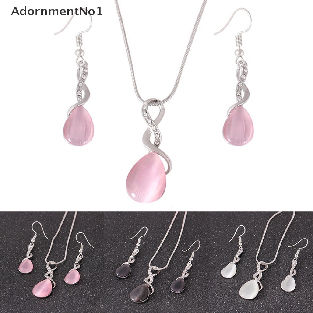 (AdornmentNo1) Set Kalung + Anting Tusuk Gantung Desain Tetesan Air Hias Opal Kristal Untuk Wanita