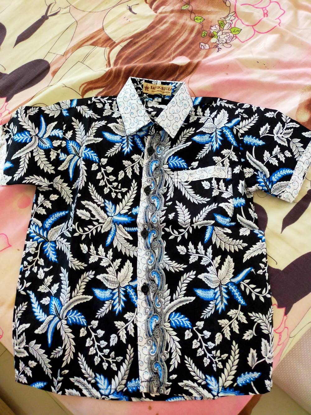 Ruzza Batik Anak Ukuran 0-15 Tahun Kemeja Motif Pari Blarak Biru Merah