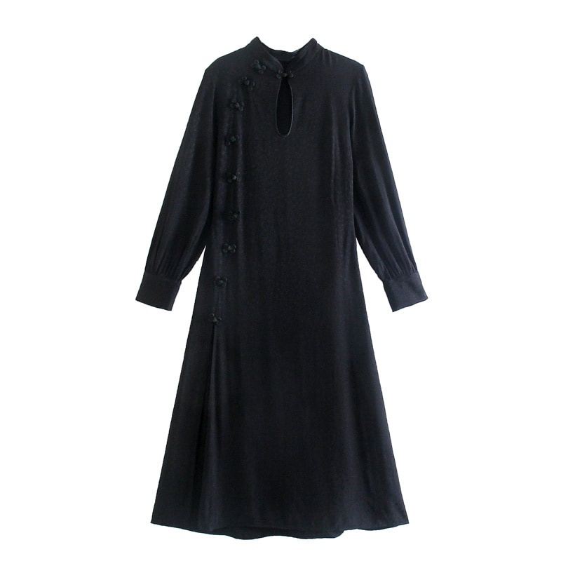 Dress Imlek Wanita Polos Warna Hitam Lengan Panjang Casual Dress Korean Style Cheongsam Dress