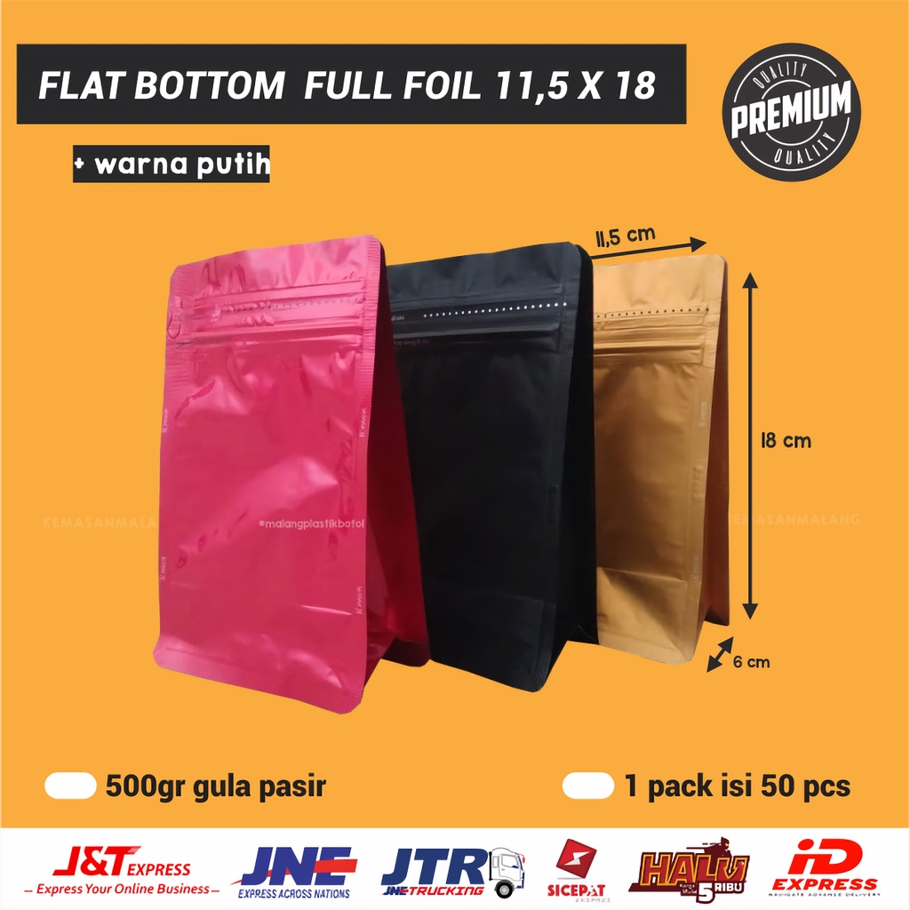 

[50 PCS] KEMASAN KOPI GUSSET FLAT BOTTOM WARNA KPACK 11,5 X 18 + 6 | 750 GR KOPI BUBUK