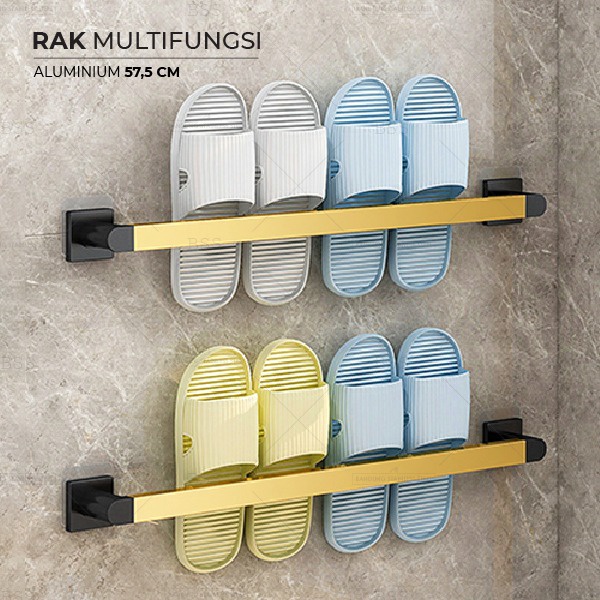 Rak Handuk Multifungsi 58cm Aluminium Plastik Gantungan Sandal Silver Gold Black