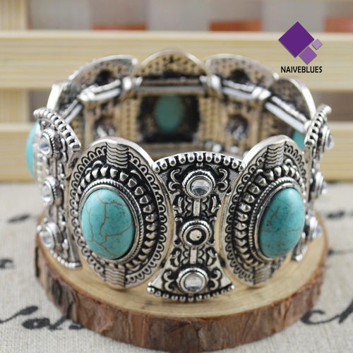 Naiveblue &gt; Gelang Tangan Gaya Retro Tibet Aksen Batu Turquoise Oval Untuk Perhiasan Wanita