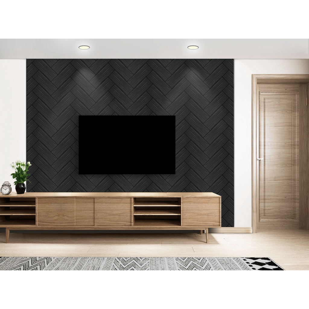 Wall Panel 3D / Wallpaper 3D untuk Dekorasi Dinding Aesthetic dan Interior-Herringbone Matt Black Oa