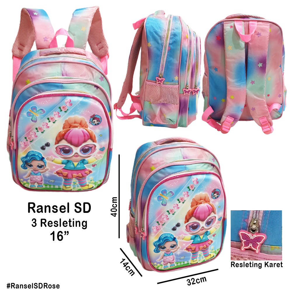 TAS RANSEL ANAK PEREMPUAN SEKOLAH SD  Gambar Kuda Pony ROSE LILAC GLOSSY TIMBUL 3Resleting IMPORT ( ROSE 16&quot; )