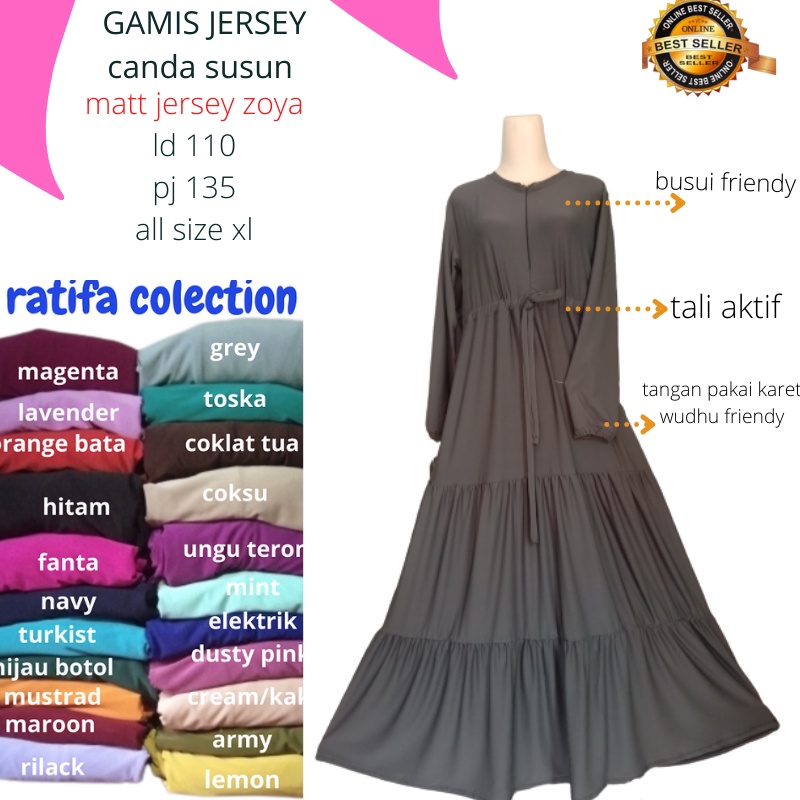 Gamis Jersey Susun Canda Serut busui friendly wudwu friendly tangan pakai karet