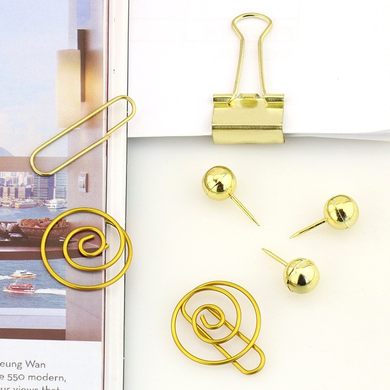 65pcs/set Binder Clips Push Pins Gold and Rose Gold Stationery Combination Set