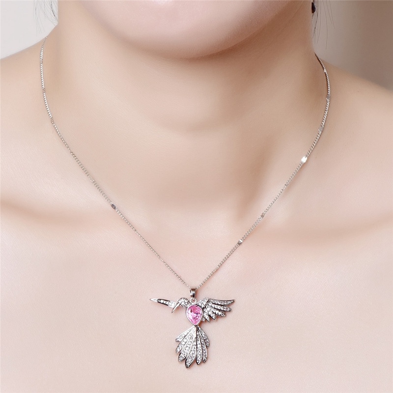 Kalung Rantai Sterling Silver 925 Dengan Liontin Burung Kolibri Hias Kristal / Berlian Pink Untuk Wanita