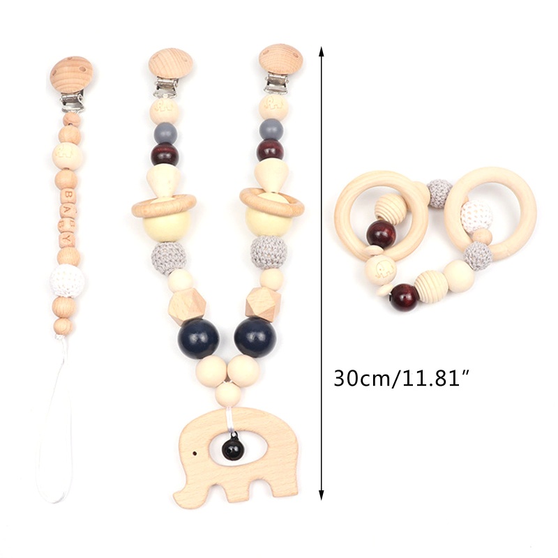 Mary 3pcs / Set Mainan Teether / Rattle Bentuk Gajah Bahan Kayu Untuk Aksesoris Stroller Bayi Nursi