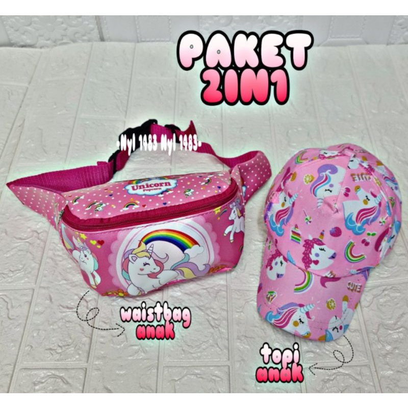 Paket 2in1 tas selempang bahu waistbag anak + topi full print motif kartun lucu