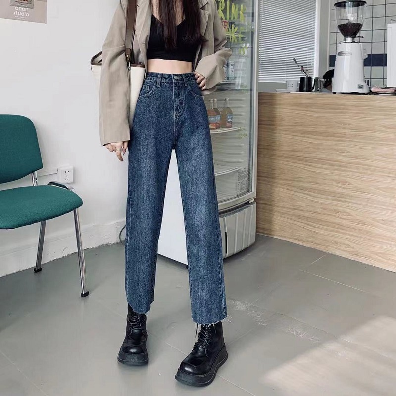 Jeans Biru Cropped Longgar Pinggang Tinggi Baru Untuk Wanita