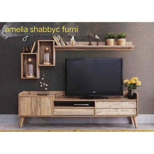 Bufet tv kayu jati kombinasi rak dinding