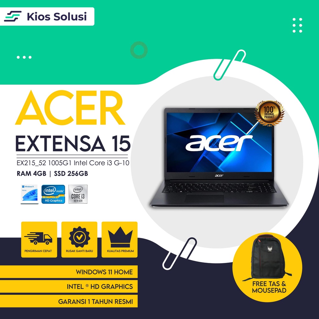 ACER Extensa 15 EX215_52 1005G1 Intel Core i3 G-10 RAM 4GB SSD 256GB