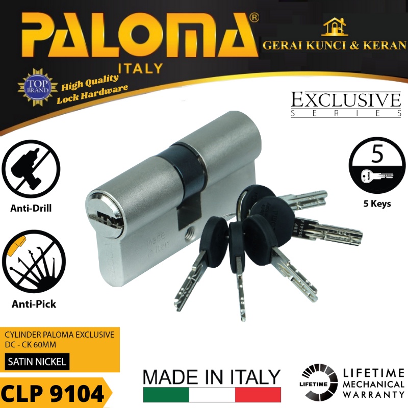 PALOMA CLP 9104 CYLINDER ITALY 60 MM EXCLUSIVE KUNCI PINTU BRASS SATIN NICKEL