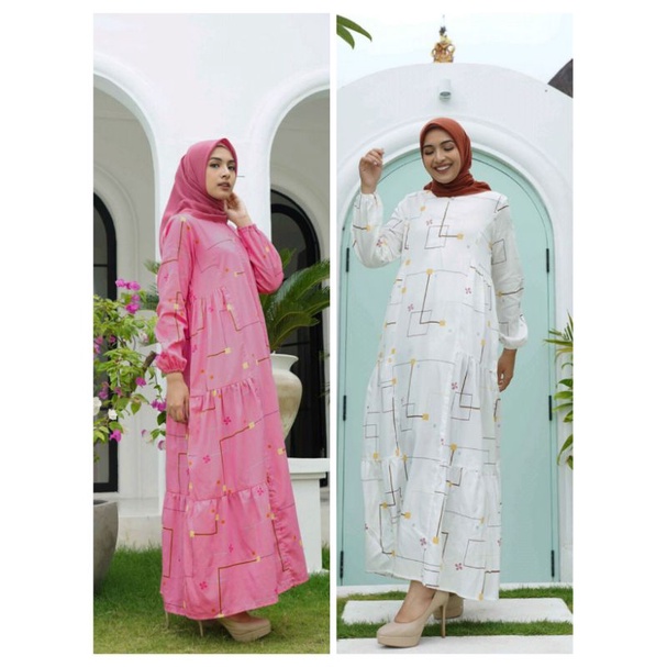 DEENAY DRESS ANIQA WHITE AND PINK ORIGINAL 100%
