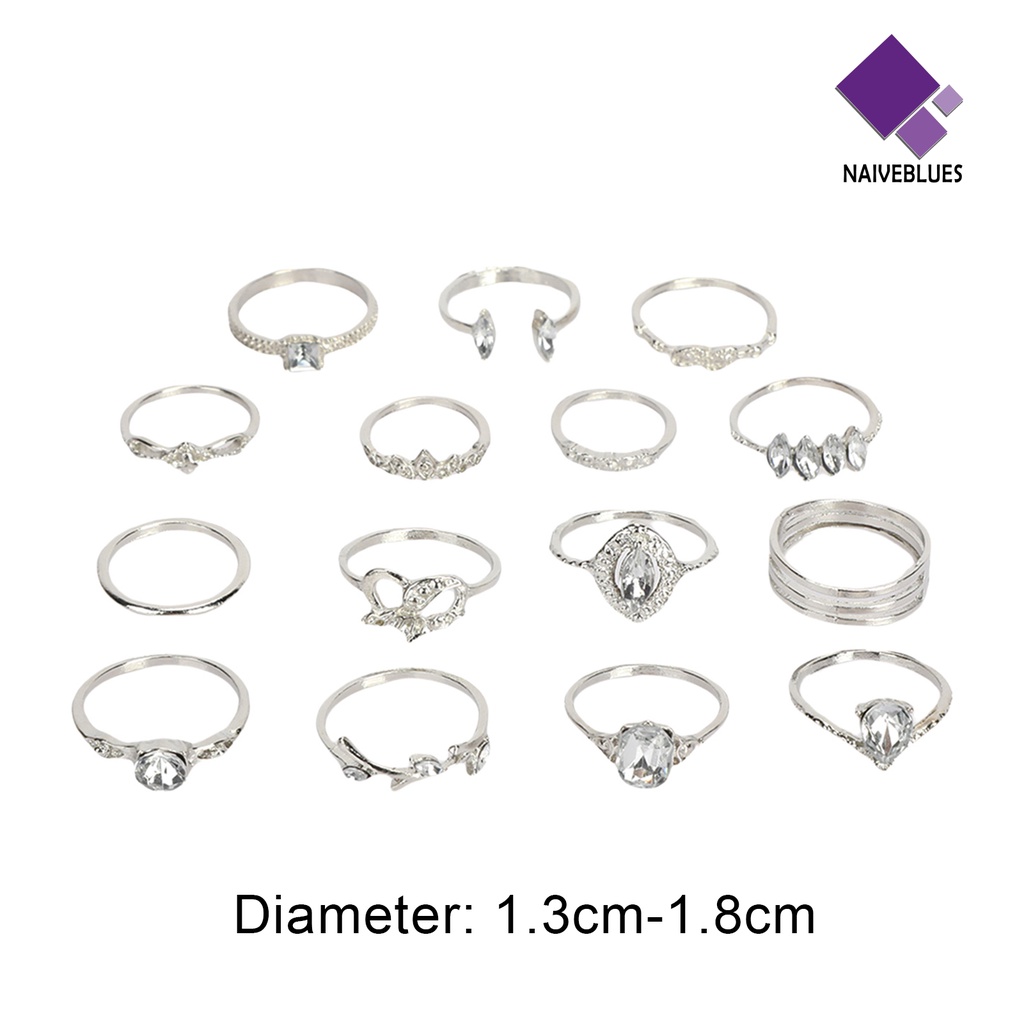 15pcs / Set Cincin Berlian Imitasi Stackable Gaya Bohemian Untuk Wanita