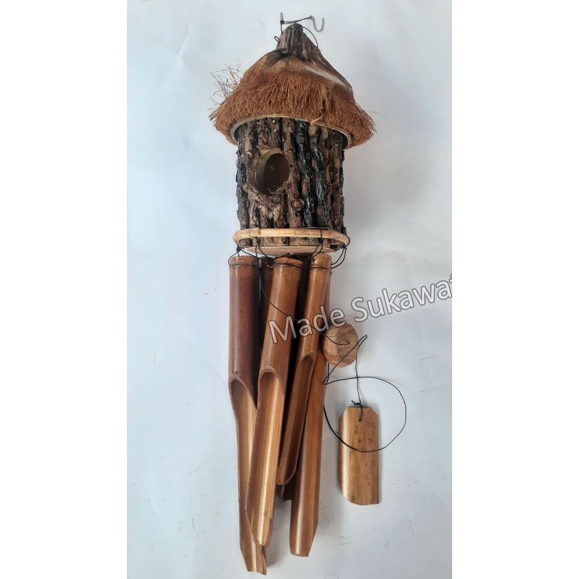 Lonceng bambu wind chime rumah burung tangkai kelapa hiasan dekorasi