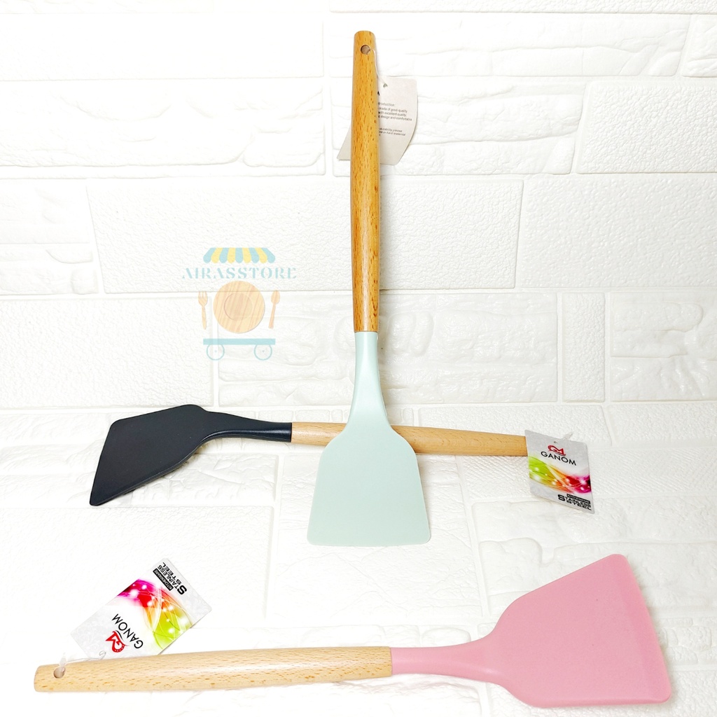 MURAH 1 PCS SPATULA SILIKON GAGANG KAYU / SENDOK GORENG / SUTIL TAHAN PANAS PANJANG 32,5 CM