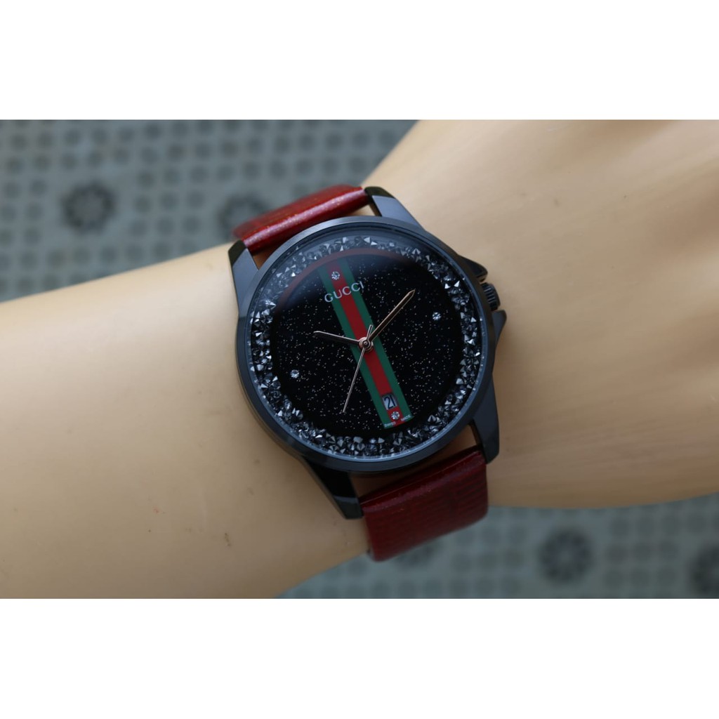 Jam Tangan Wanita Cewek Analog Gucci Premium Tanggal Tali Kulit