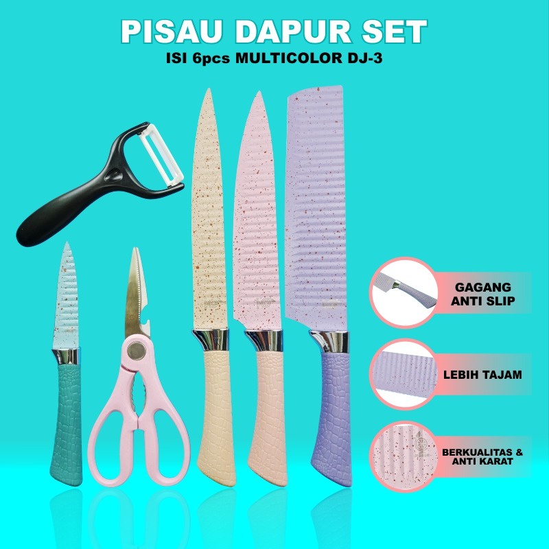 Pisau Set Isi 6 Pcs Multicolor Pisau Dapur Gagang Anti Slip Pisau Anti Karat Set Pisau Talenan 5 in 1 GOSHOP88